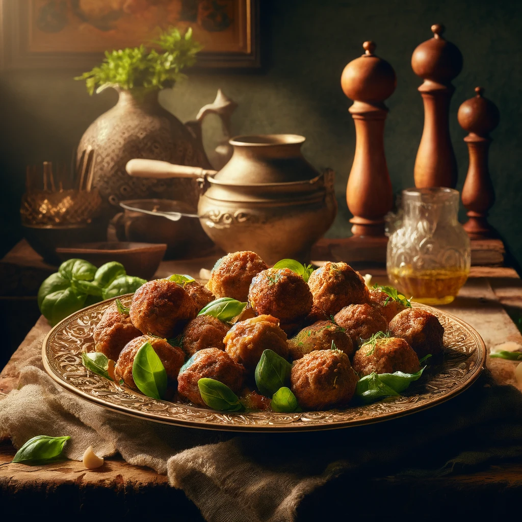 Mondeghili Milanesi: La Ricetta Tradizionale e Dove Assaggiarli a Milano 1 DALL·E 2024 05 16 02.20.52 A traditional Milanese dish of Mondeghili featuring meatballs artistically arranged on an ornate plate with garnishes. The setting is rustic with vi